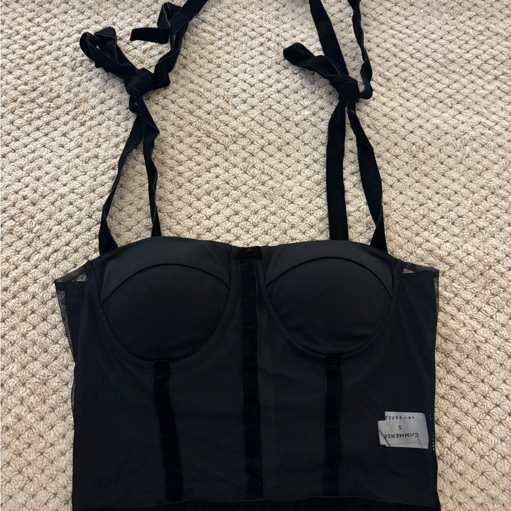 Brand New The Commense Black Women's Bustier Velvet Tie Illusion Top Size Small